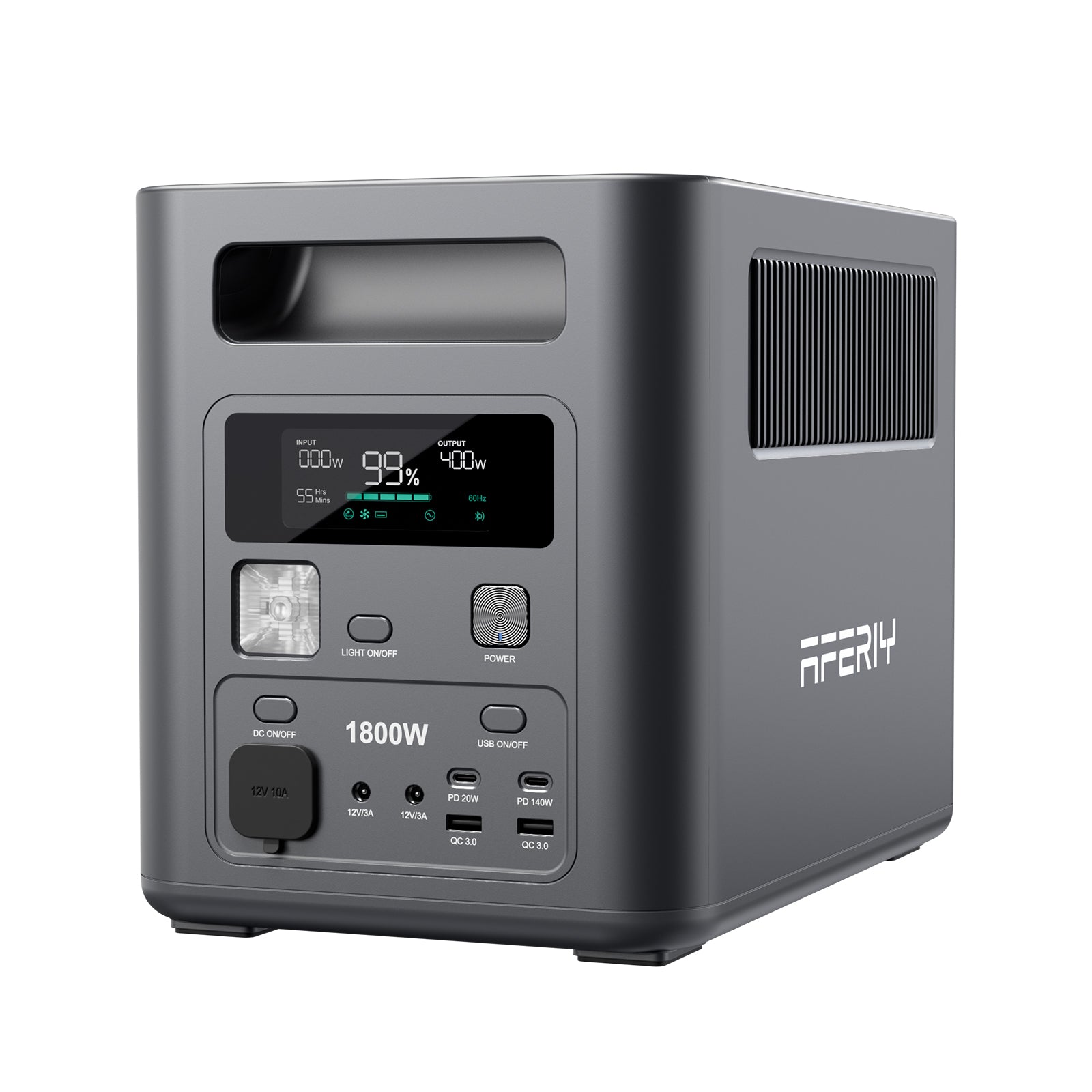 Front view of AFERIY Nomad1800 showing LCD display and multiple AC/DC output ports.