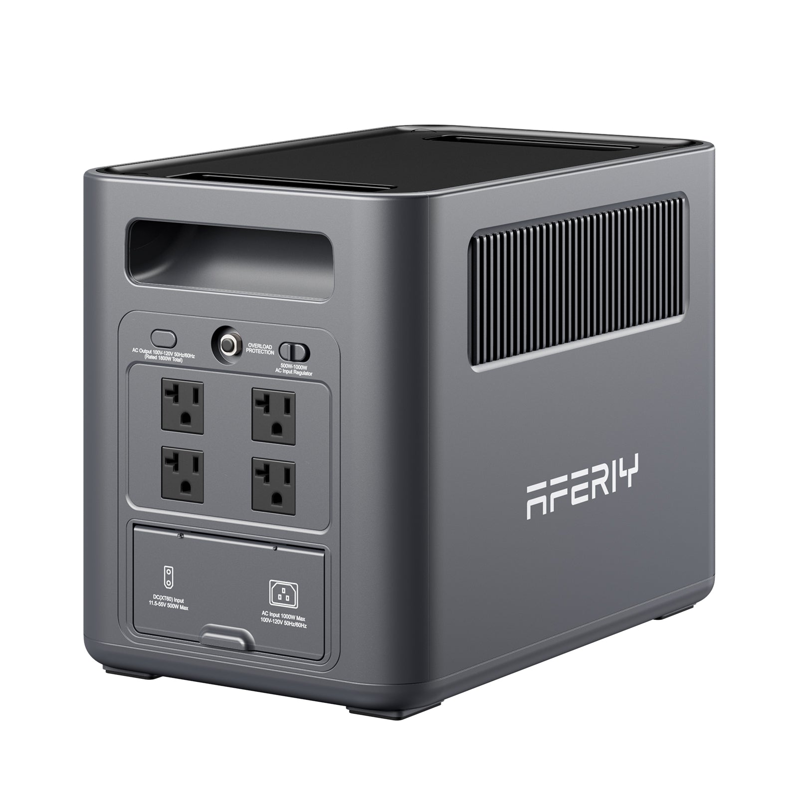 Rear view of AFERIY Nomad1800 featuring the built-in cooling fan and AC/solar input ports.