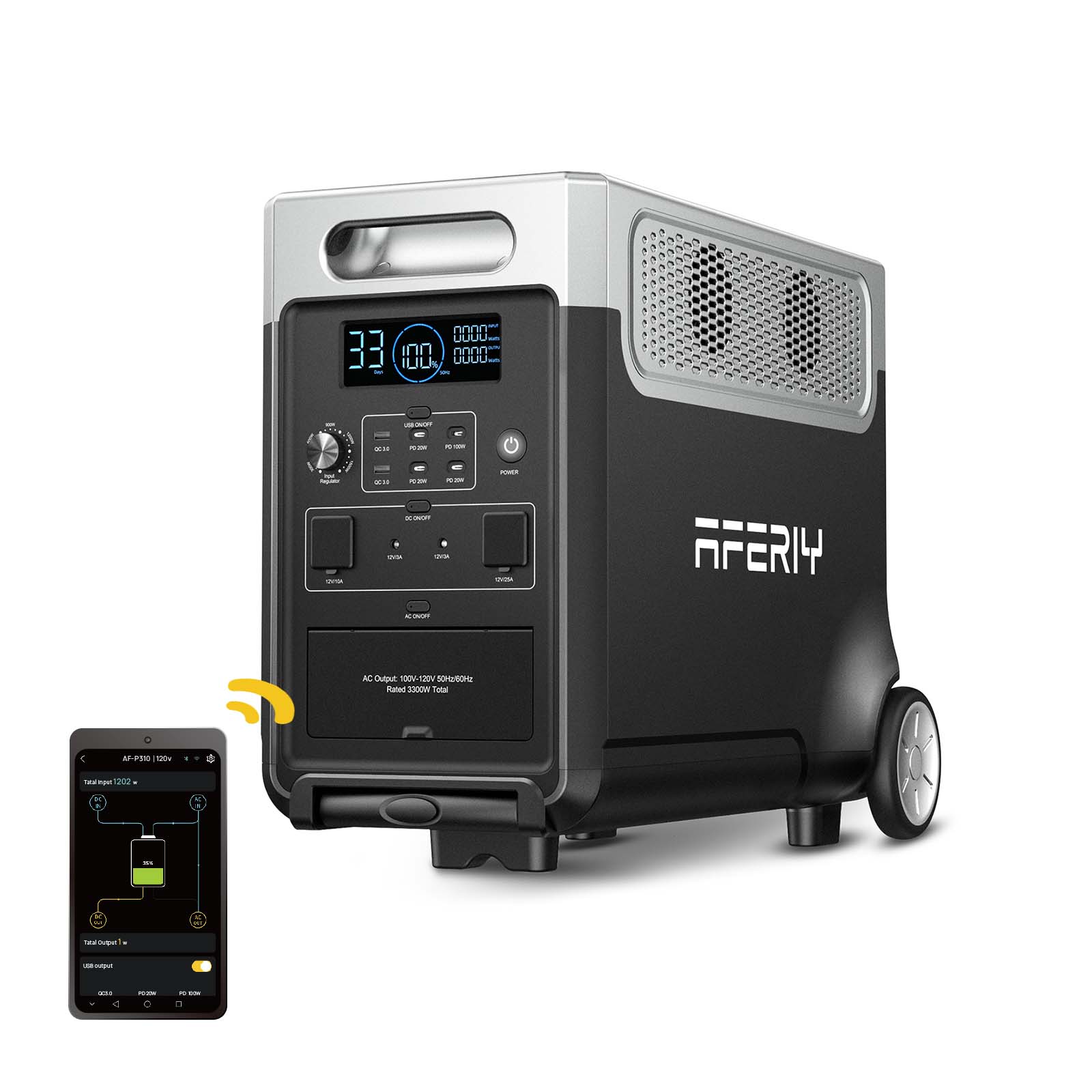 AFERIY P310 portable power station with digital display and smartphone app control interface