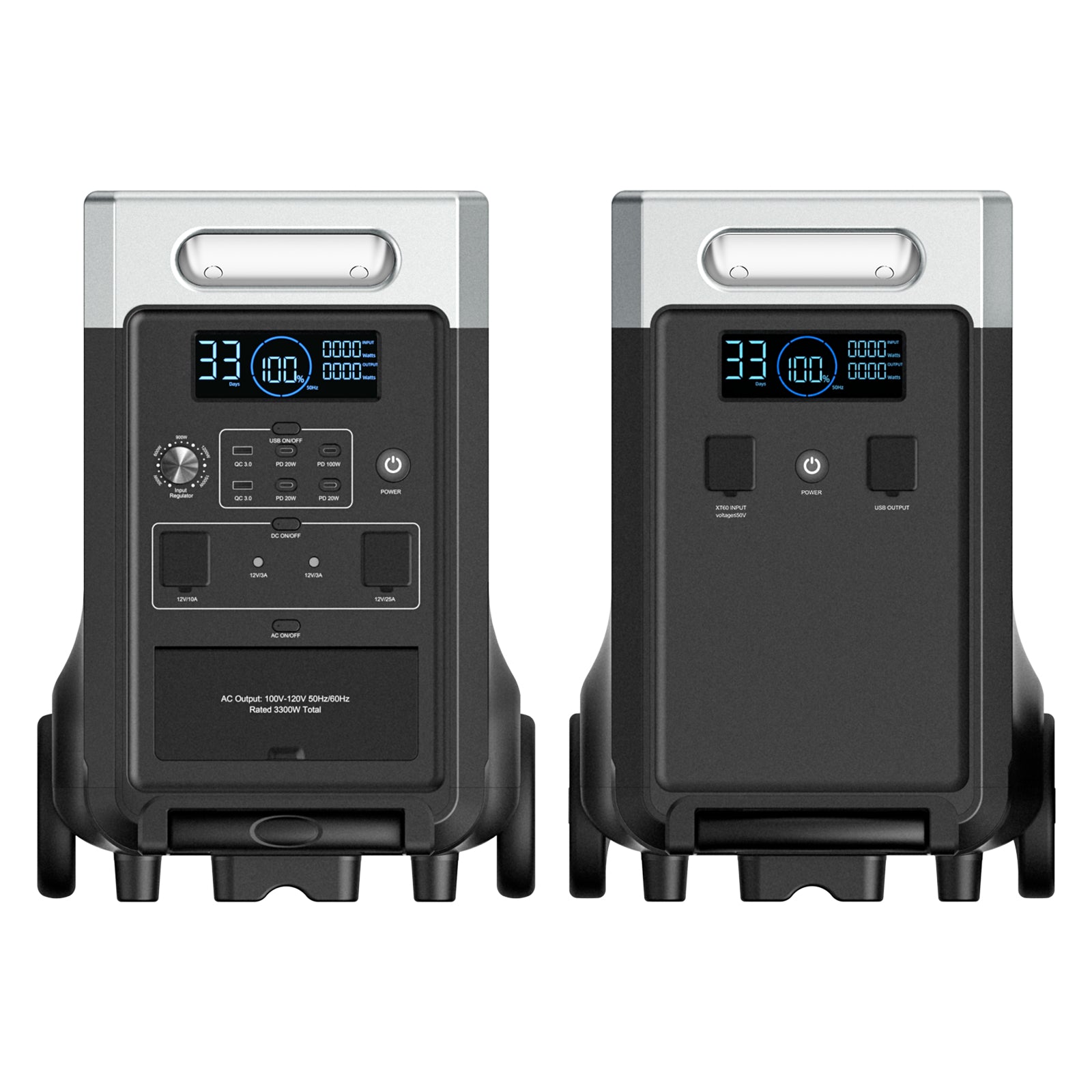 Front views of AFERIY P310 portable power station with different output panel configurations