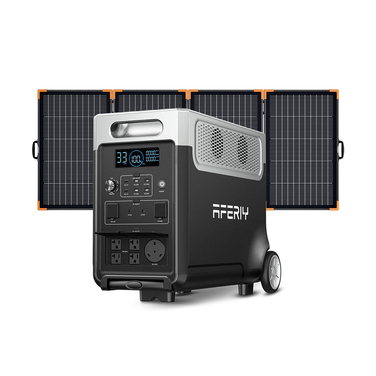 AFERIY P310 portable power station paired with a 400W foldable solar panel and a full AC outlet panel