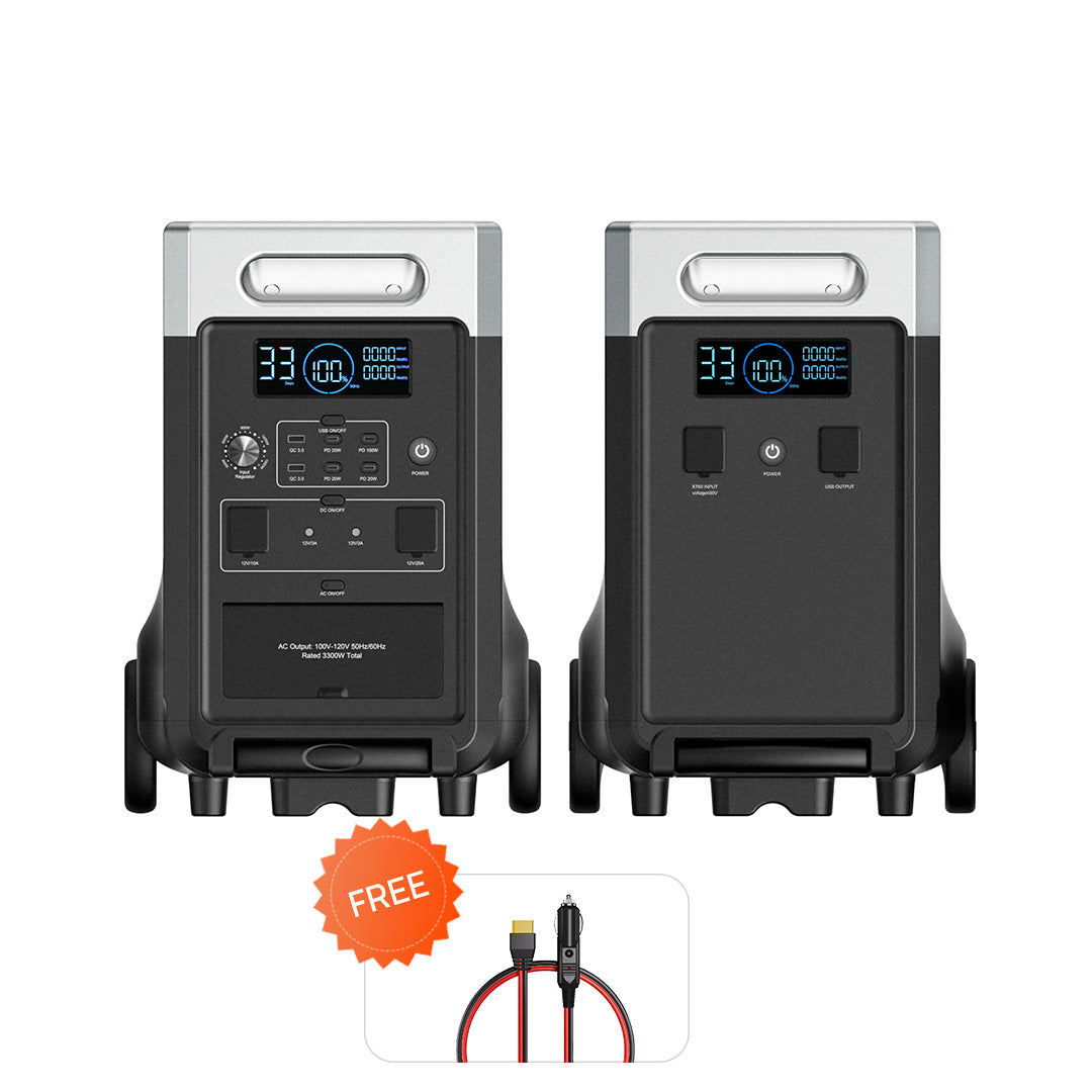 Two AFERIY P310 portable power stations side by side, showing the front panel details and a free AFERIY XT90 ACC Car Charging Cable included