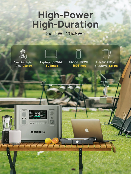 AFERIY P210 Silver Portable Power Station with 2400W and 2048Wh capacity, providing 230 hours for an 8W camping light and 30 laptop charges during outdoor camping