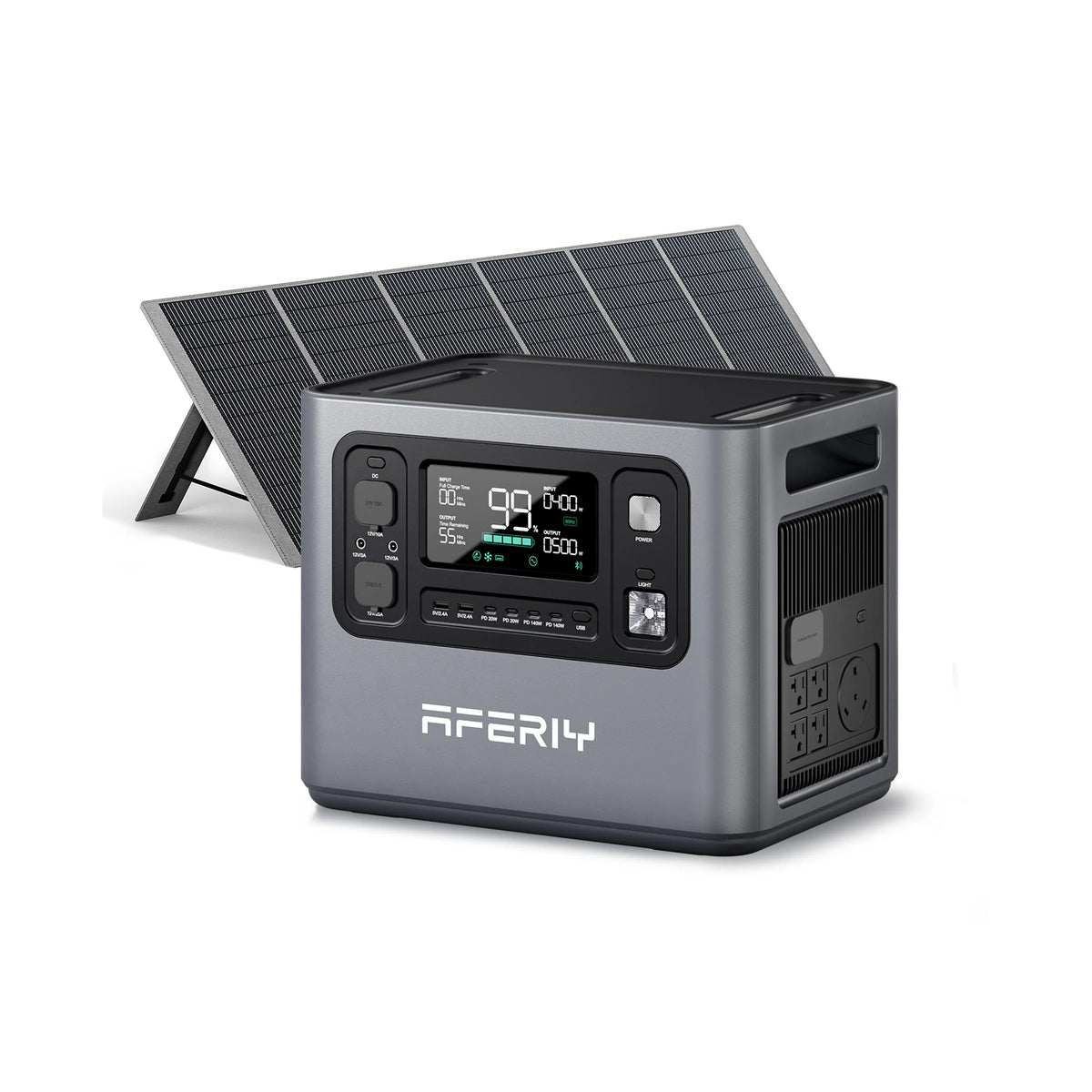 AFERIY P280 portable power station with a 200W solar panel, showing the digital display and side AC outlet panel