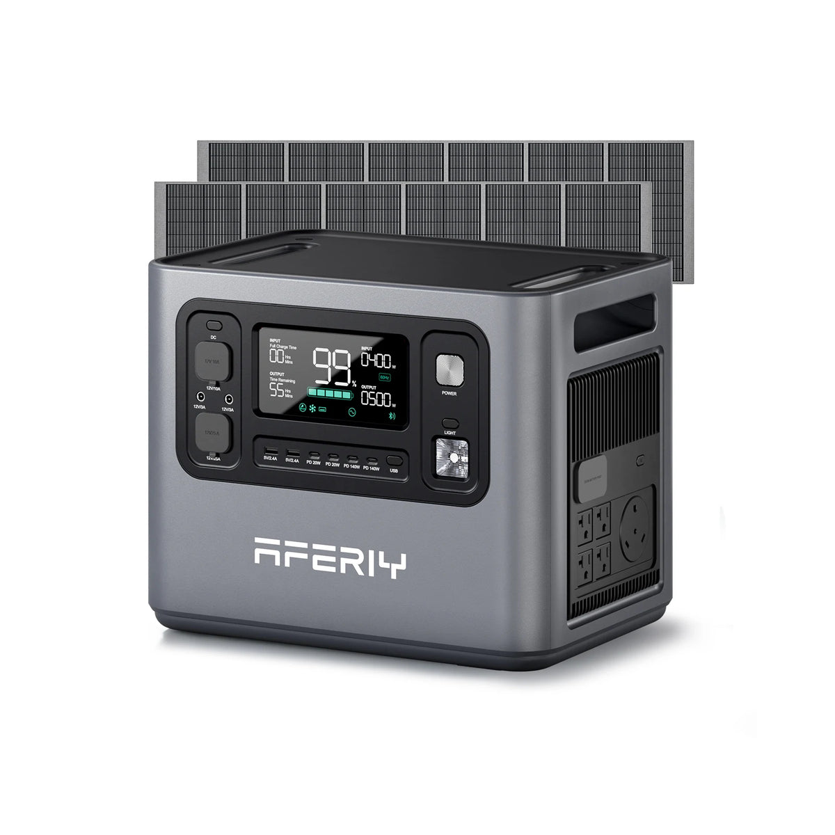 AFERIY P280 portable power station with two 200W solar panels, showing the digital display, control buttons, and side AC outlets