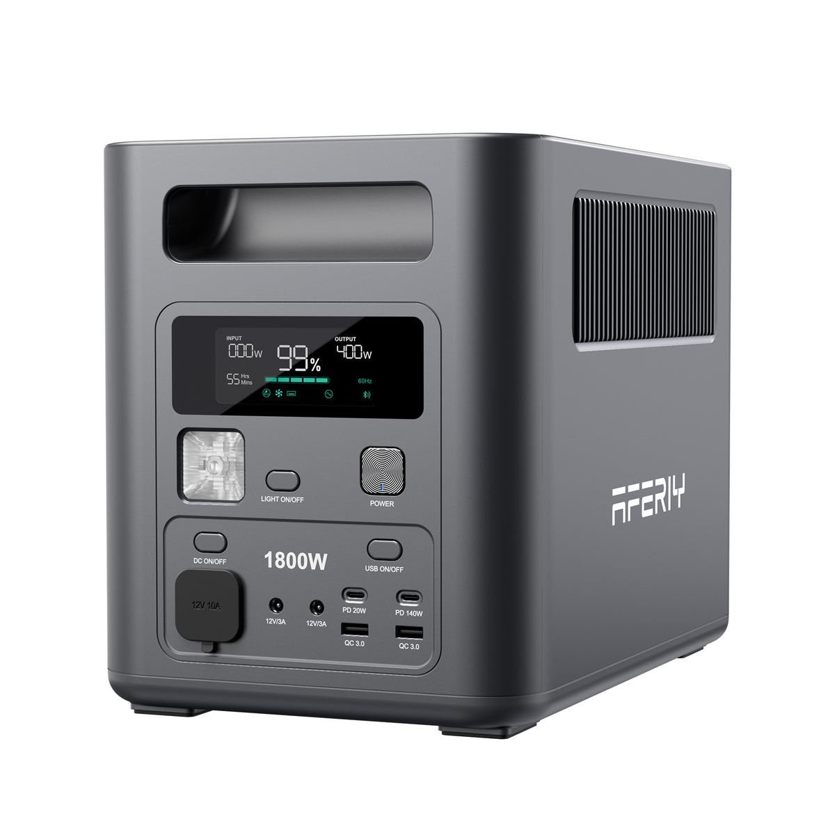 Front view of AFERIY Nomad1800 showing LCD display and multiple AC/DC output ports.