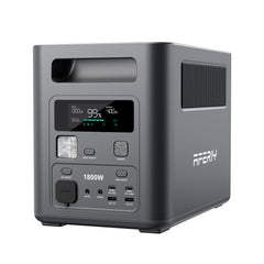 Front view of AFERIY Nomad1800 showing LCD display and multiple AC/DC output ports.