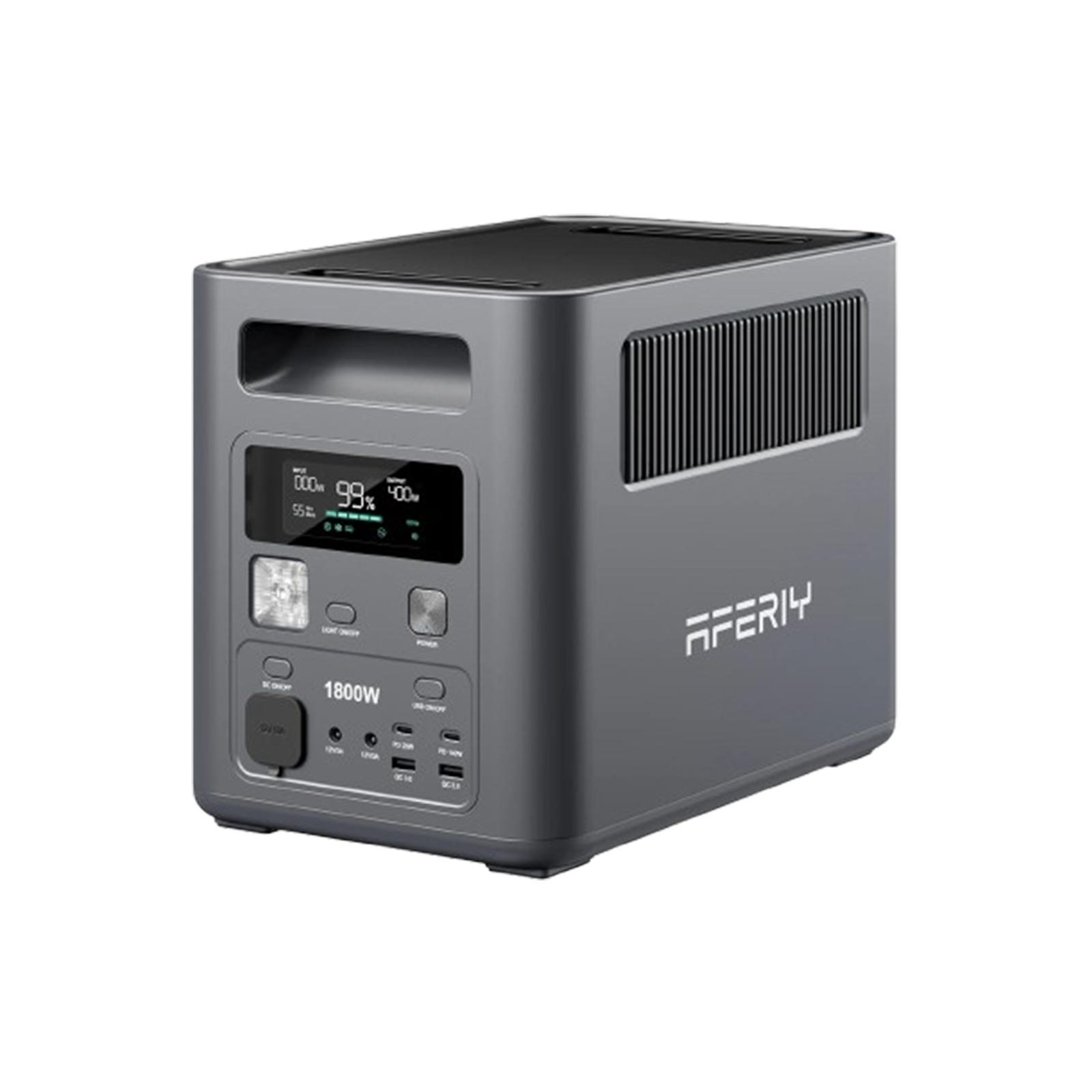 AFERIY P180 1800W 1024Wh portable power station with a digital display showing 99% battery, LED light, and front output ports