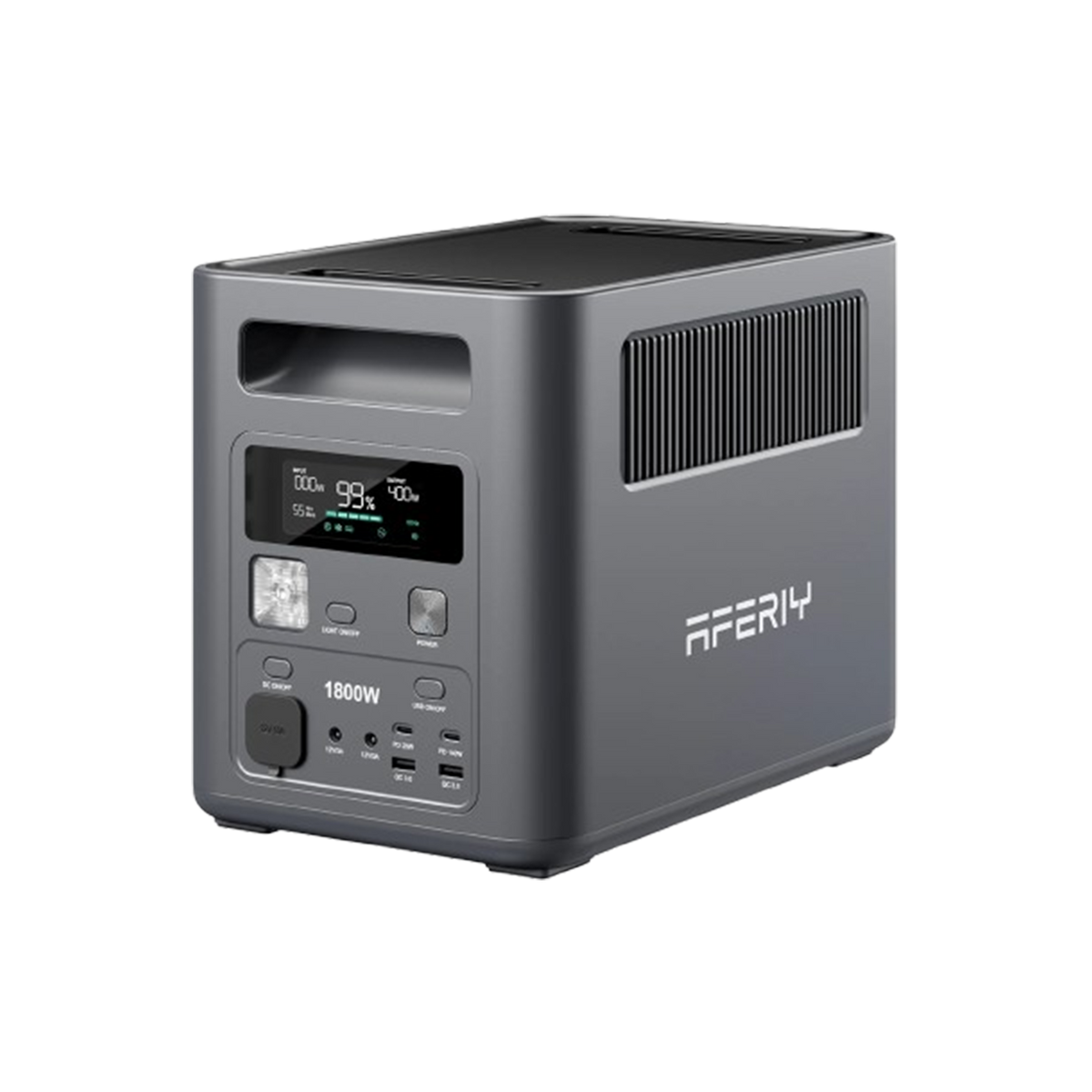 AFERIY P180 1800W 1024Wh portable power station with a digital display showing 99% battery, LED light, and front output ports
