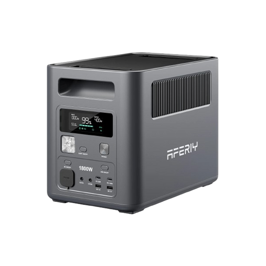 AFERIY P180 1800W 1024Wh portable power station with a digital display showing 99% battery, LED light, and front output ports
