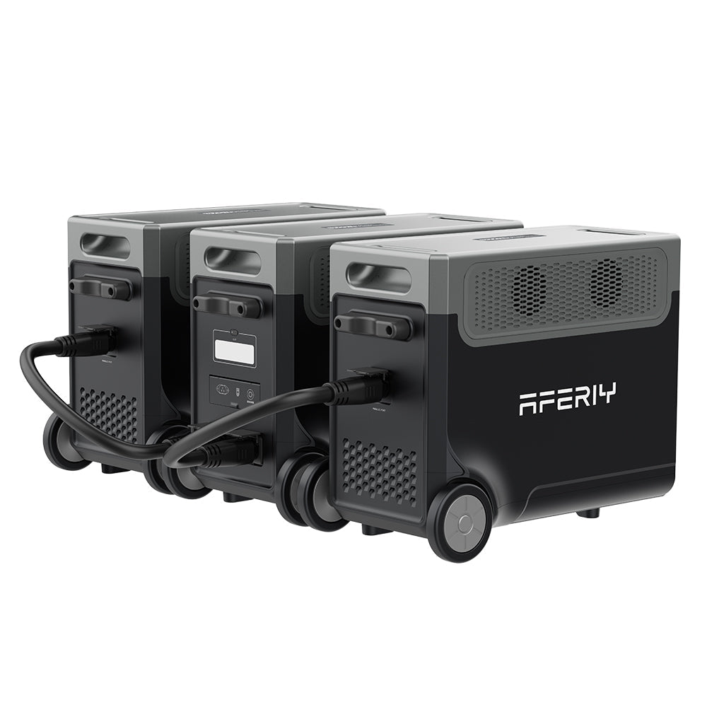 AFERIY P310 portable power station connected to two P310-B expansion batteries using two 80cm parallel cables