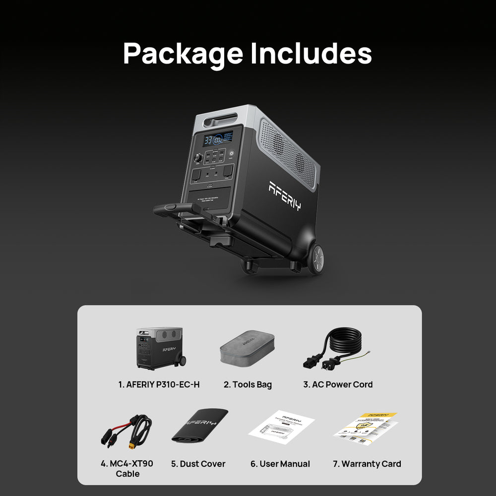 AFERIY P310 Expandable Portable Power Station, 3600W Power Output, 3840Wh LiFePO4 Battery Capacity - Product Package Listing