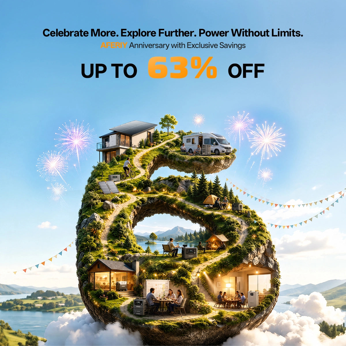 AFERIY 6th anniversary celebration banner featuring portable power stations and solar generators.