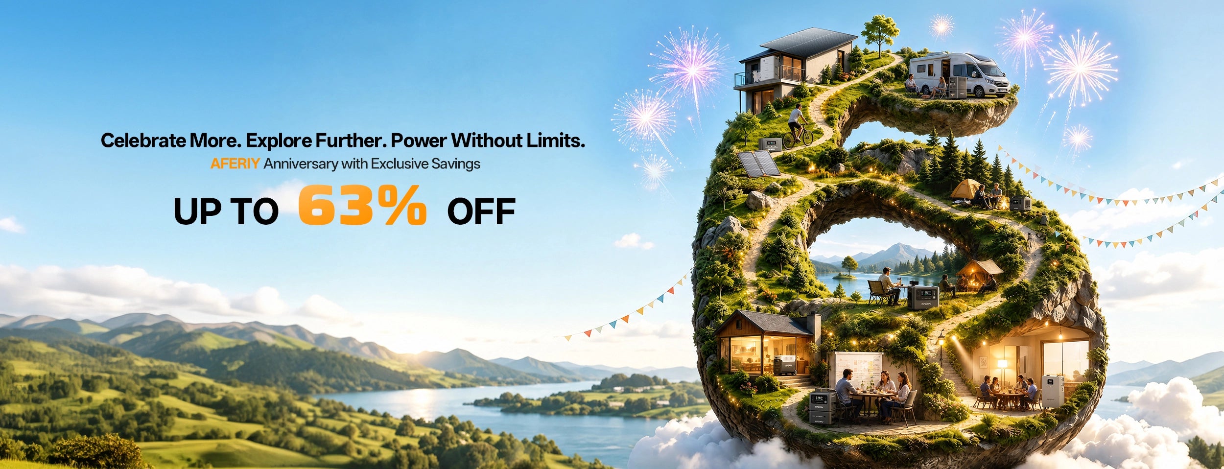 AFERIY 6th anniversary celebration banner featuring portable power stations and solar generators.