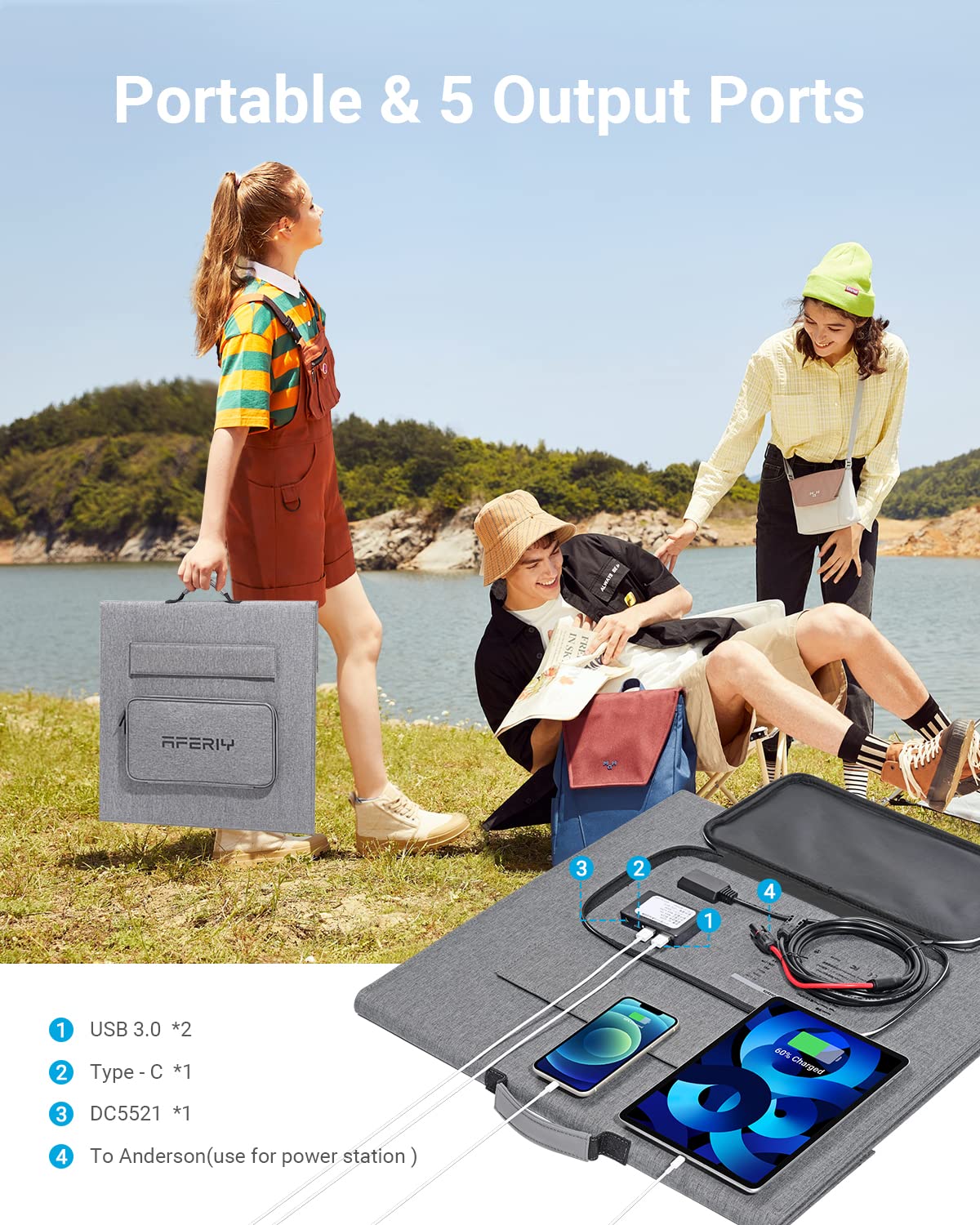 AFERIY ‎AF-S200 200W Portable Solar Panel  is portable & 5 output ports